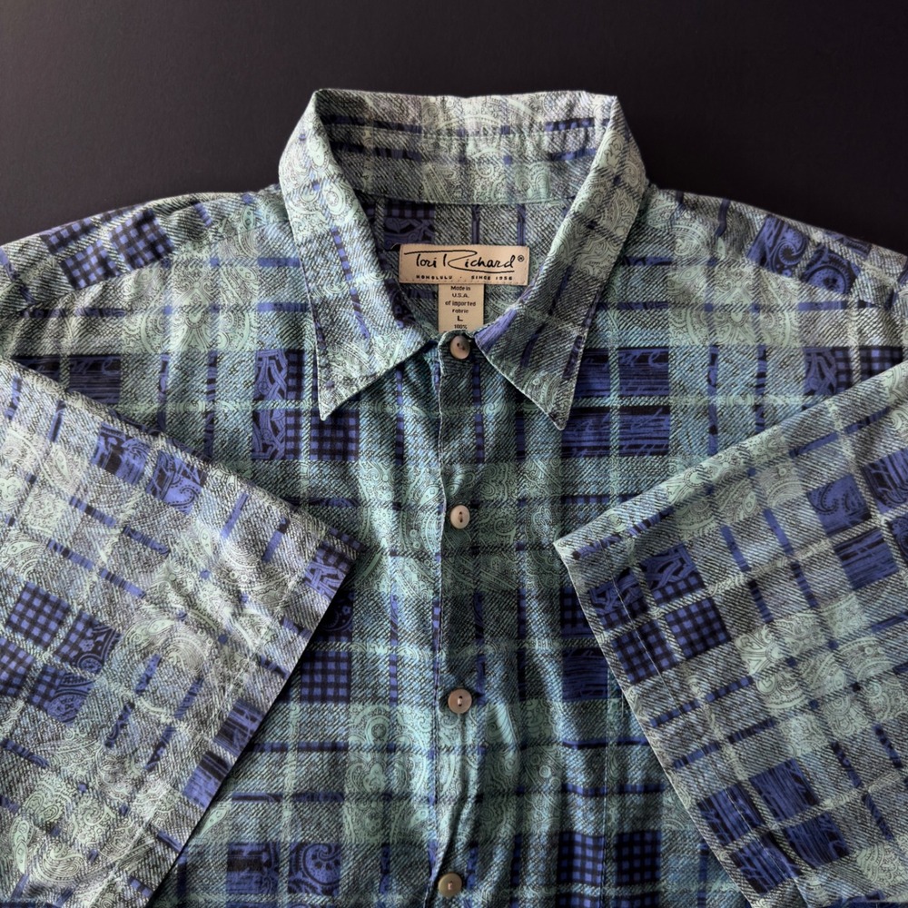 Vintage 90's Tori Richard Shirt Mens Large Blue Green Cotton Lawn Hawaiian Plaid - Picture 8 of 9